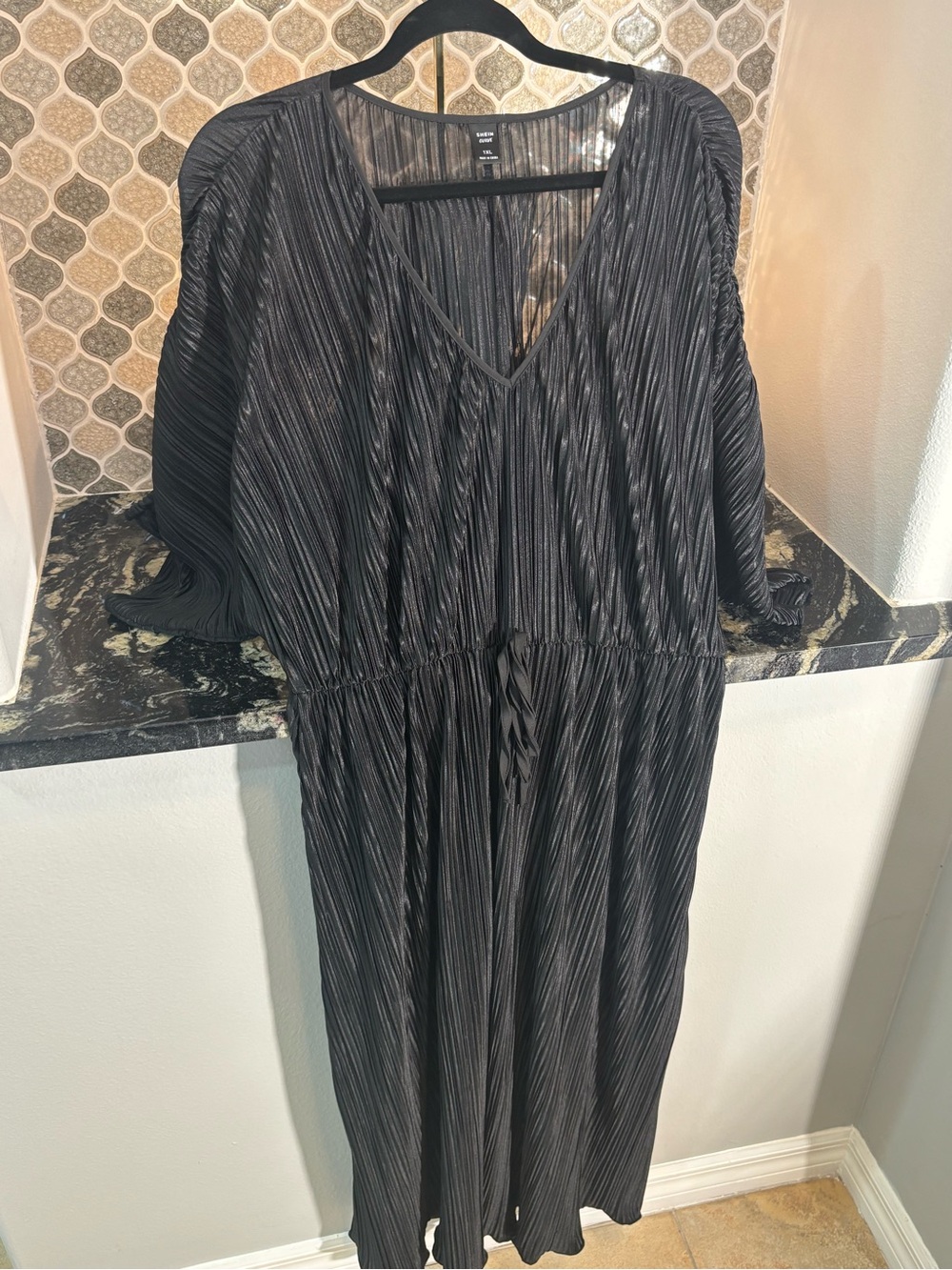 Black Pleated V-Neck Women's Dress